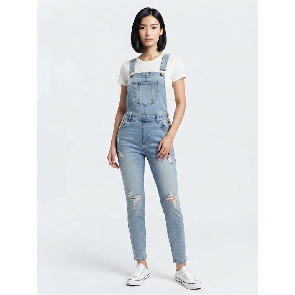 Blue Distressed Denim Bib Overalls Girls Size 10 12 Adjustable Straps Unbranded